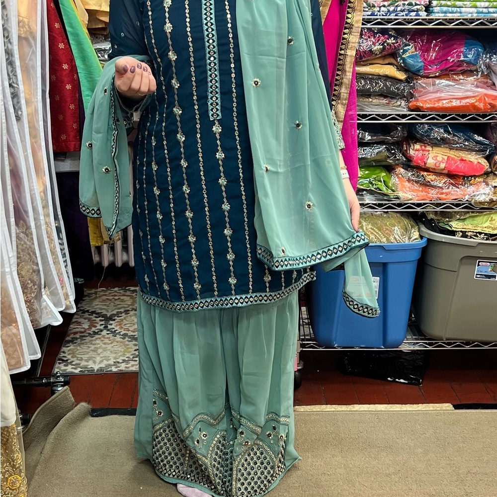 Elegant Teal and Navy Embroidered Indian Sharara Dress Suit
